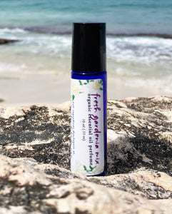 A 10 ml blue glass roller bottle, filled with essential oil perfume, rests on a rock at the beach with the ocean waves in the background
