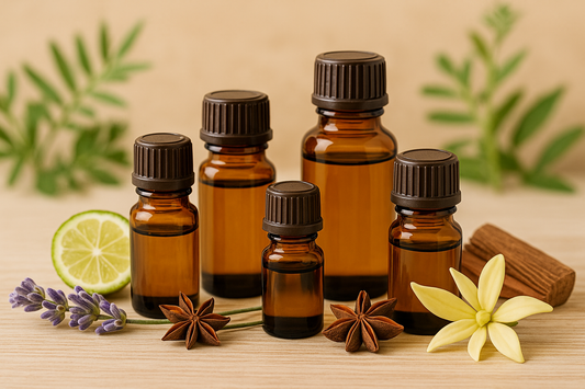 Amber essential oil bottles with ylang ylang flower, lavender, bergamot, star anise, and sandalwood on a wooden surface — natural ingredients for DIY perfume blending.