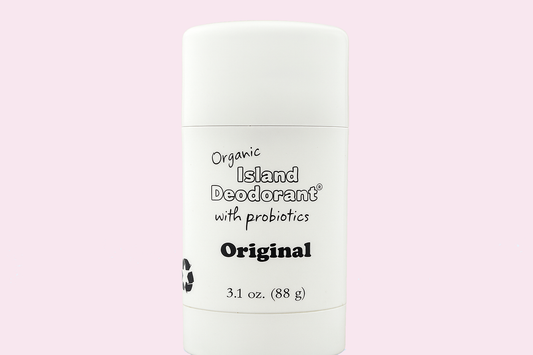 Island Deodorant Original Formula on a soft blush pink background — a gentle, aluminum-free probiotic deodorant for sensitive skin and an ideal alternative for people who reacted to Hug Me deodorant.