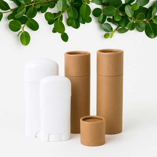 plastic and paperboard deodorant containers side by side on a white background with green leaves, showing recyclable and plastic-free deodorant packaging options