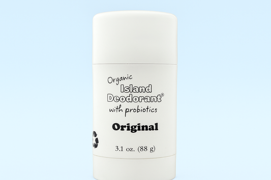 Island Deodorant Original Formula on a light blue background — a natural probiotic deodorant with organic ingredients and aluminum-free protection.