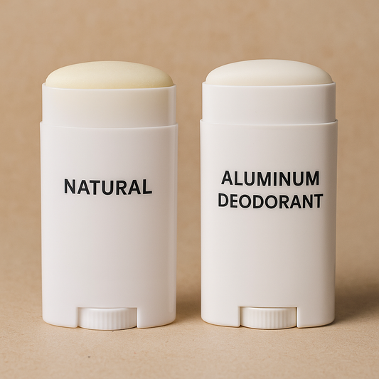Side-by-side comparison of a natural deodorant and an aluminum antiperspirant, highlighting the difference between aluminum-free formulas that fight odor naturally and conventional antiperspirants that block sweat.