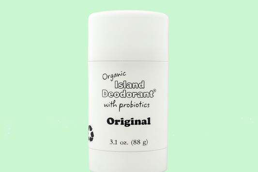 Island Deodorant Original Formula on a soft mint green background — a natural probiotic deodorant made with organic ingredients, aluminum-free, and ideal for replacing Hug Me deodorant.