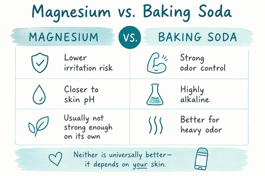 Simple comparison chart showing magnesium vs baking soda in deodorant, highlighting lower irritation risk and skin-friendly pH for magnesium versus stronger odor control and higher alkalinity for baking soda.