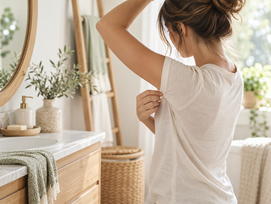 Woman checking her underarm after noticing her natural deodorant stopped working