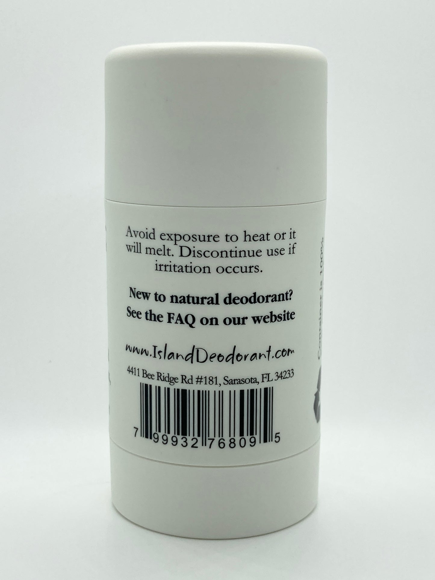 Sensitive baking soda free deodorant with probiotics from Island Deodorant in white plastic stick.