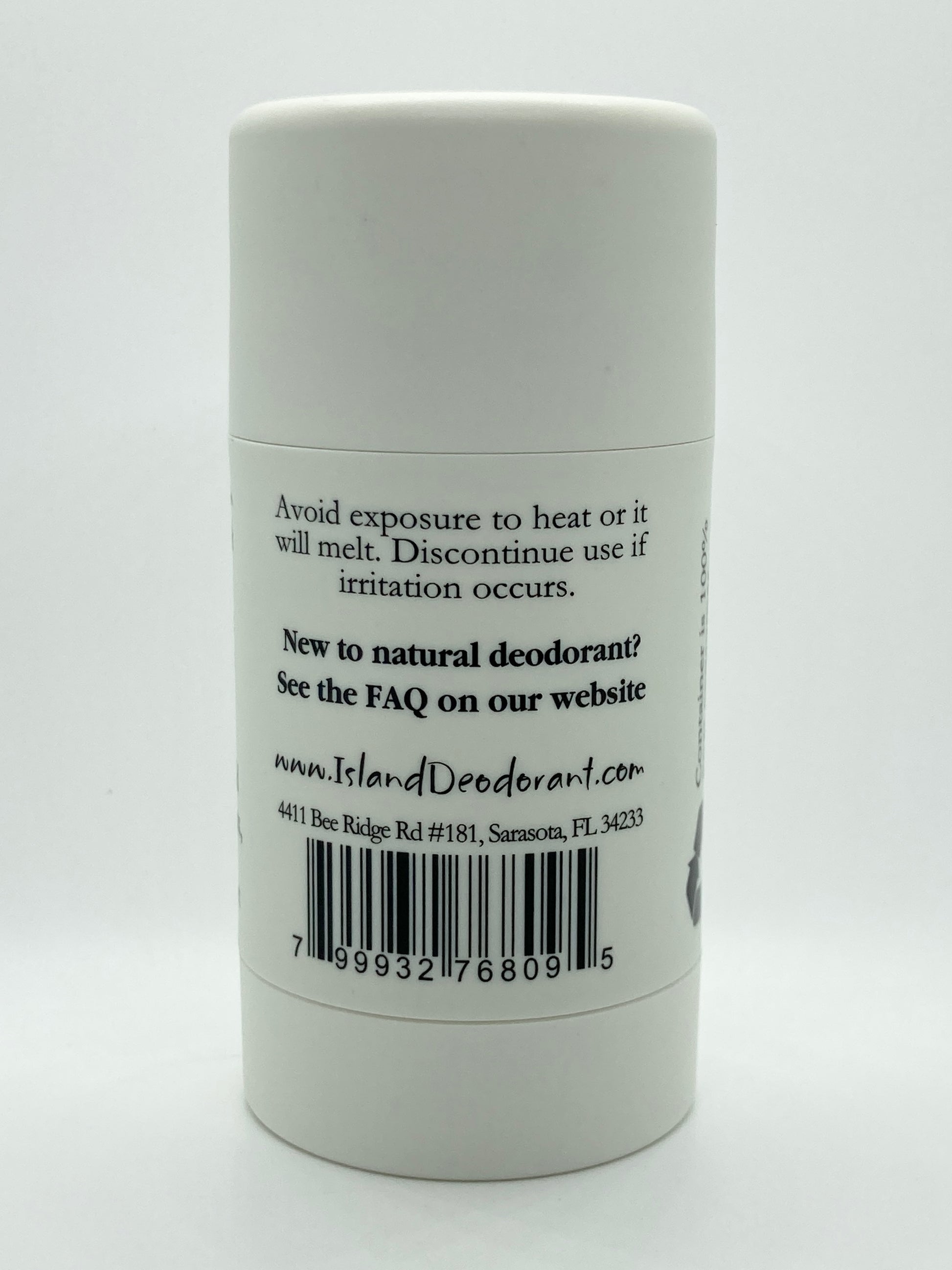 Sensitive baking soda free deodorant with probiotics from Island Deodorant in white plastic stick.