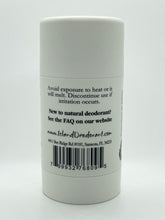 Side view of Island Deodorant low baking soda deodorant for sensitive skin container showing usage tips, ingredient details, and eco-friendly packaging information