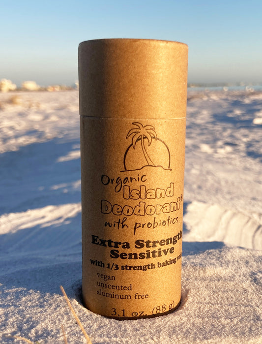 extra strength sensitive compostable deodorant stick in paperboard push-up tube, aluminum free and probiotic
