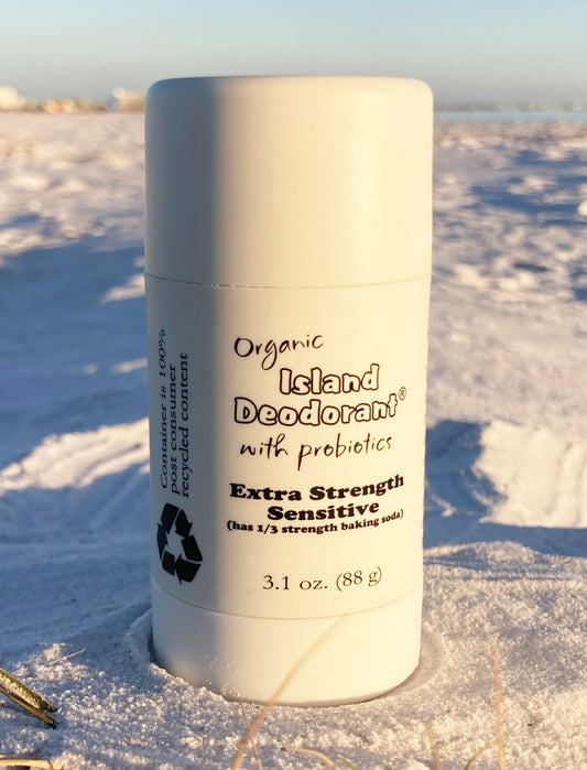 Extra Strength baking-soda-free natural deodorant stick for sensitive skin in post-consumer recycled plastic – aluminum-free organic probiotic formula by Island Deodorant.