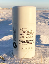 Extra Strength baking-soda-free natural deodorant stick for sensitive skin in post-consumer recycled plastic – aluminum-free organic probiotic formula by Island Deodorant.