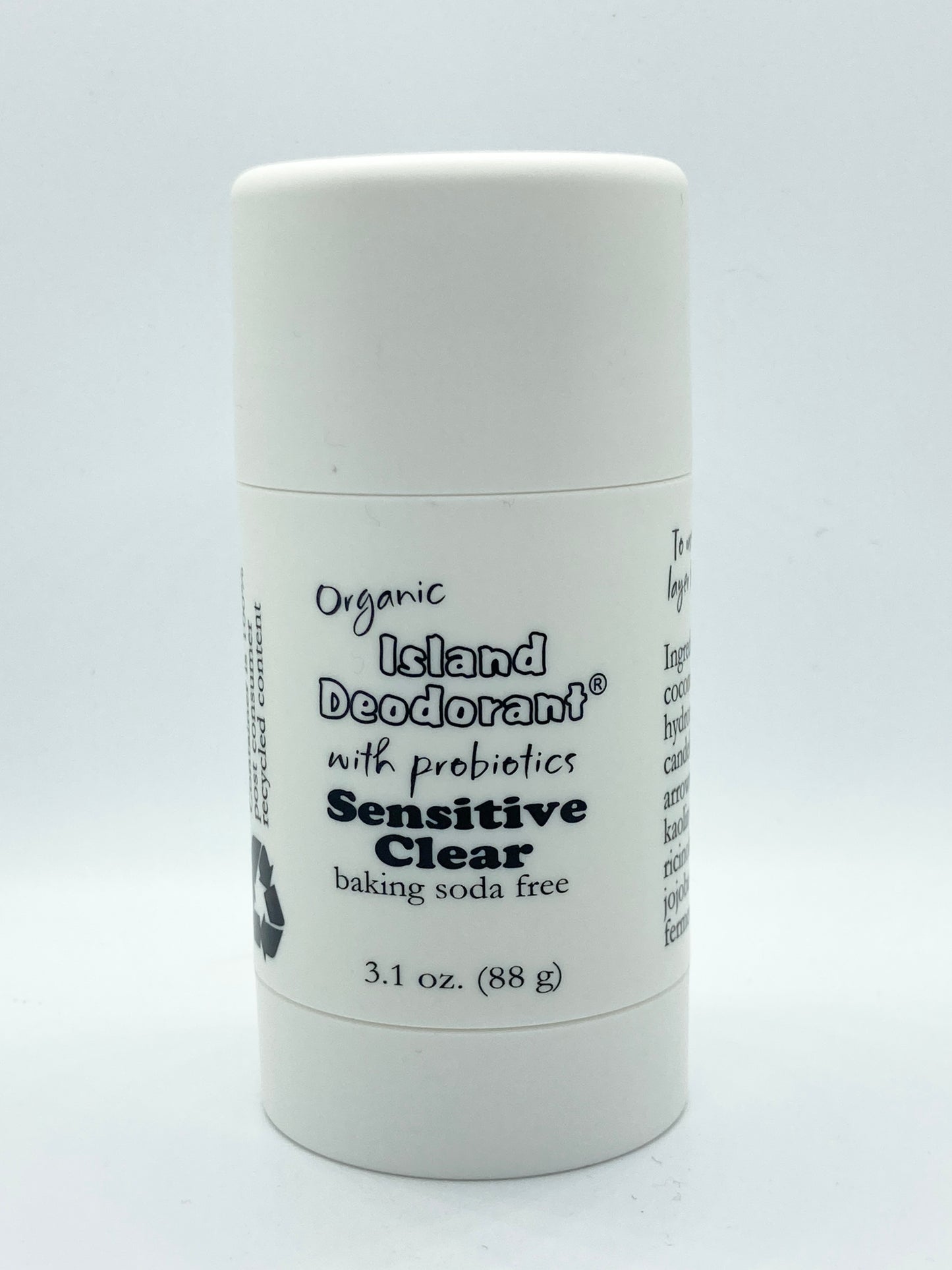 
Sensitive Clear baking soda free deodorant — 3.1 oz. Natural deodorant with probiotics and zinc ricinoleate. Goes on clear and is gentle on sensitive skin.