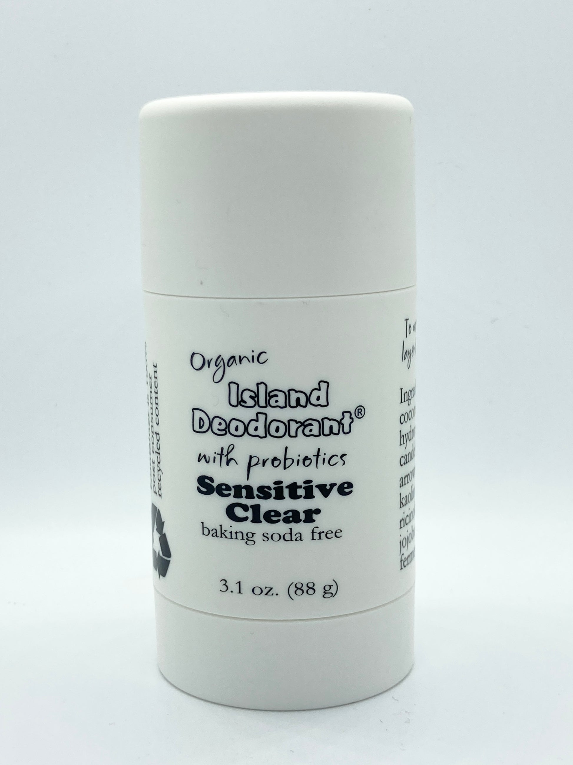 
Sensitive Clear baking soda free deodorant — 3.1 oz. Natural deodorant with probiotics and zinc ricinoleate. Goes on clear and is gentle on sensitive skin.