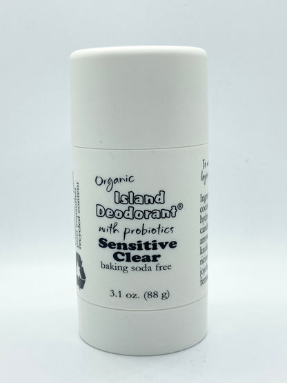 
Sensitive Clear baking soda free deodorant — 3.1 oz. Natural deodorant with probiotics and zinc ricinoleate. Goes on clear and is gentle on sensitive skin.