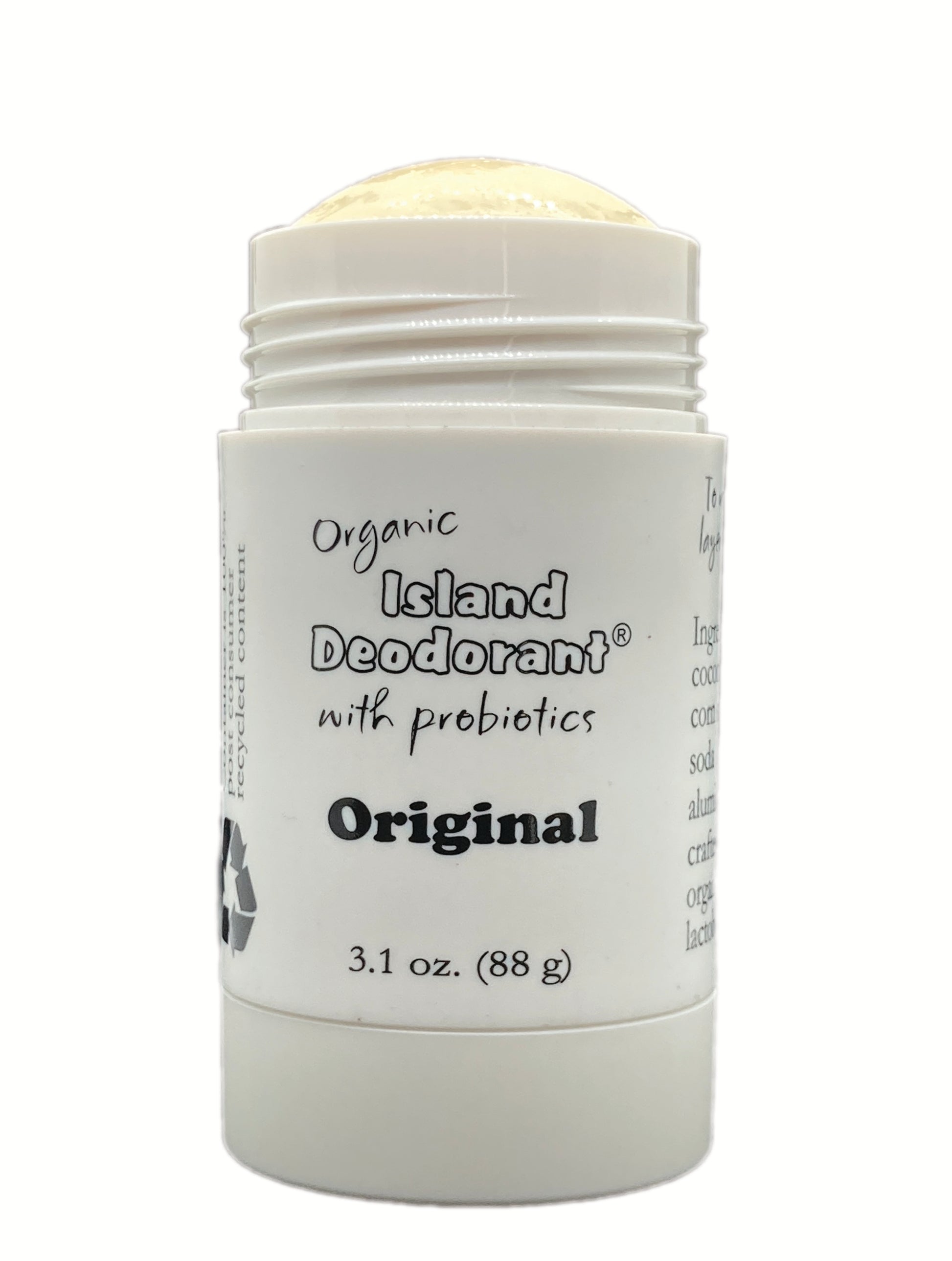 Unscented organic natural deodorant stick in post-consumer recycled plastic – aluminum-free Original formula.