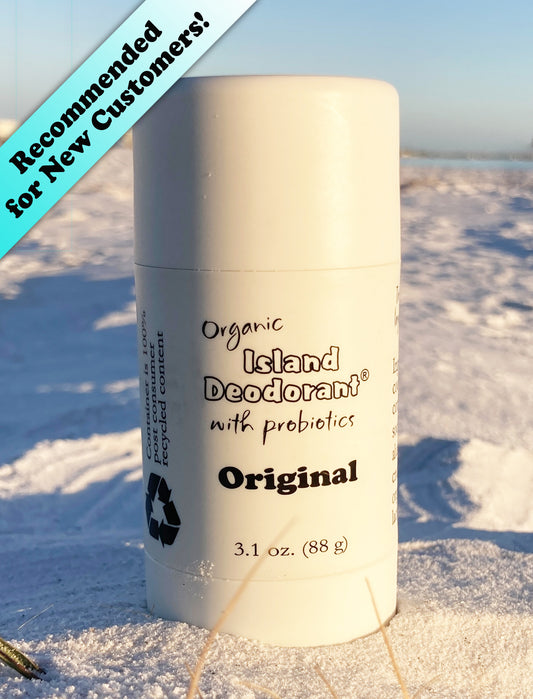 Organic natural deodorant stick with probiotics in post-consumer recycled plastic – aluminum-free unscented Original formula by Island Deodorant.