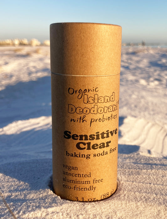 
Sensitive Clear baking soda free deodorant in compostable paperboard stick — 3.1 oz. Natural deodorant with probiotics and zinc ricinoleate. Goes on clear and is gentle on sensitive skin.