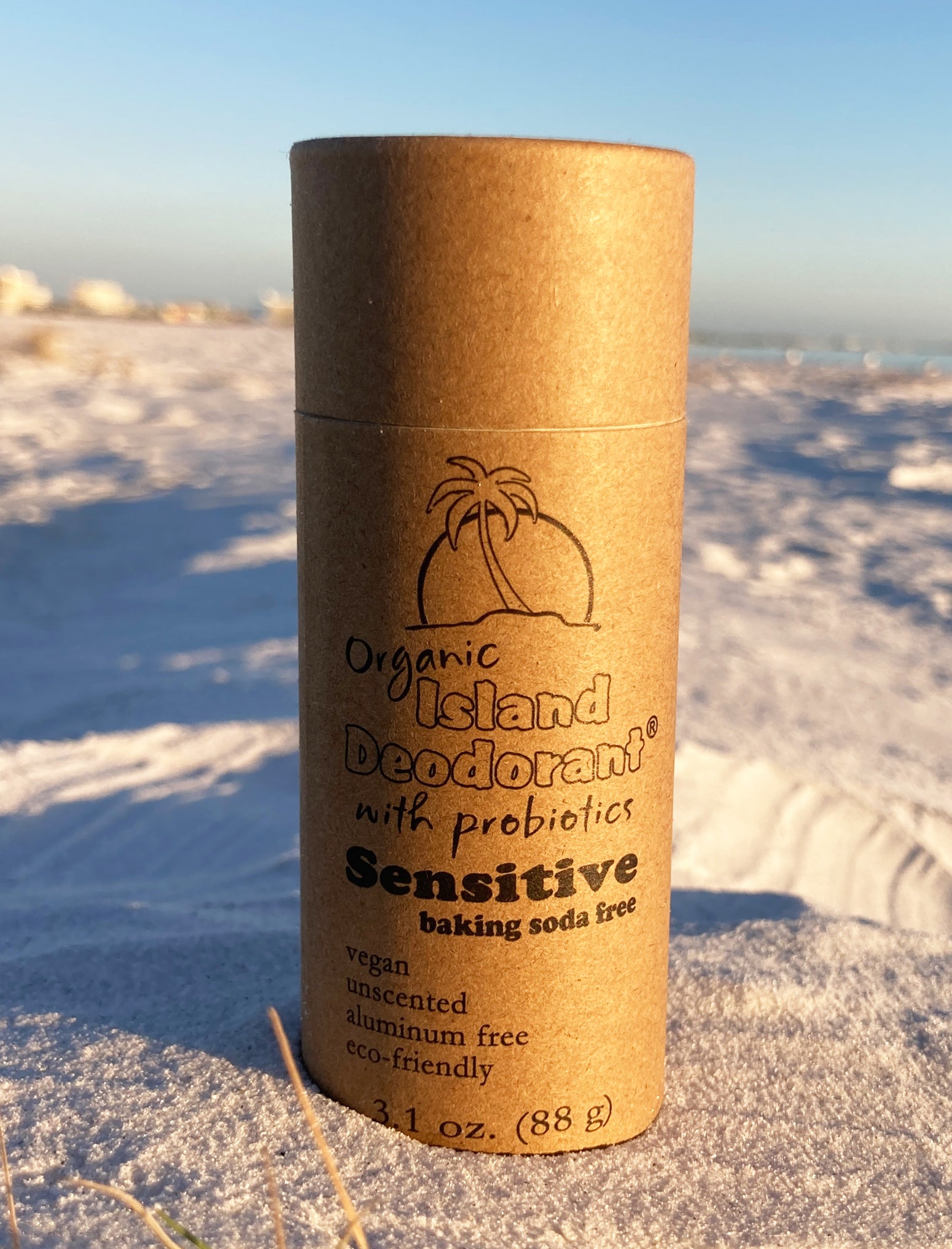 baking soda free compostable deodorant stick for sensitive skin in paperboard tube, aluminum free and unscented