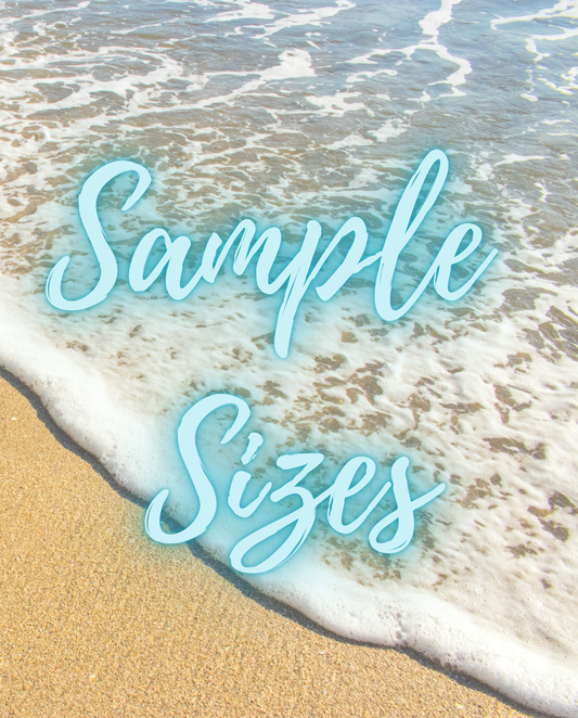 Essential oil perfume sample size graphic with beach background introducing 1 ml roll-on samples