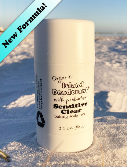 
Sensitive Clear baking soda free deodorant — 3.1 oz. Natural deodorant with probiotics and zinc ricinoleate. Goes on clear and is gentle on sensitive skin.
