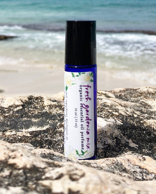 A 10 ml blue glass roller bottle, filled with essential oil perfume, rests on a rock at the beach with the ocean waves in the background