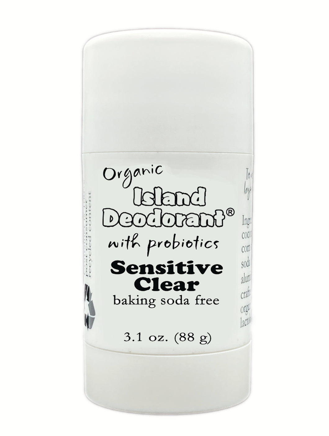 White Matte Twist up Deodorant container with 3.1oz of Sensitive Clear Deodorant – Baking Soda Free Deodorant with Probiotics