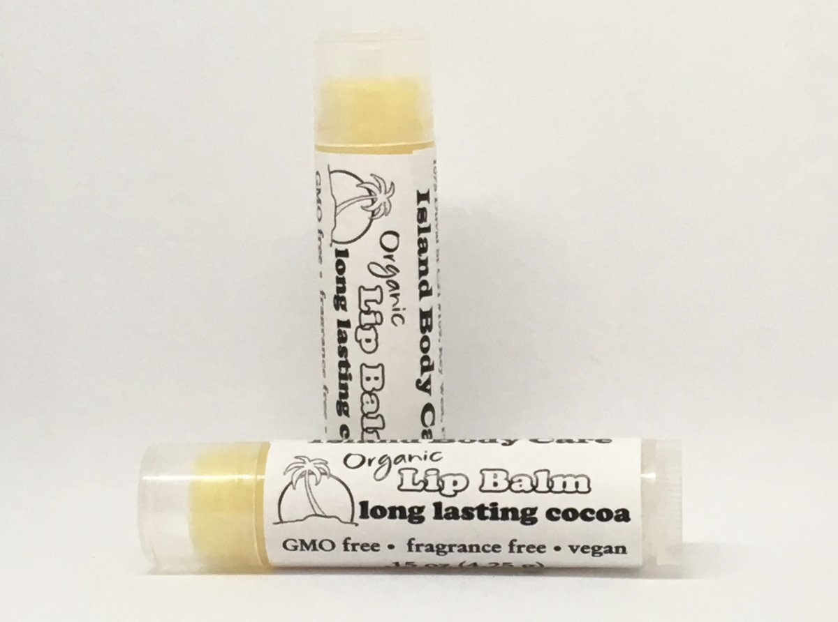 Organic cocoa butter lip balm tubes showing packaging, natural fragrance-free lip balm with cocoa butter