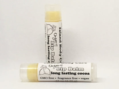Organic cocoa butter lip balm tubes showing packaging, natural fragrance-free lip balm with cocoa butter