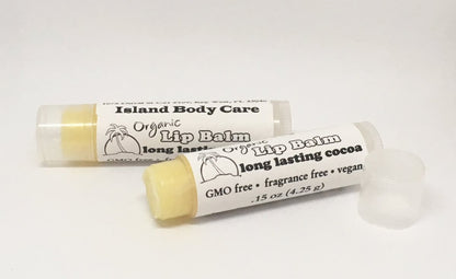 Organic cocoa butter lip balm open tube showing texture, long-lasting natural lip balm made with cocoa butter