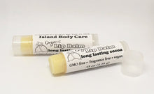Two Island Deodorant organic cocoa butter lip balm tubes on a white background, one open with the cap off