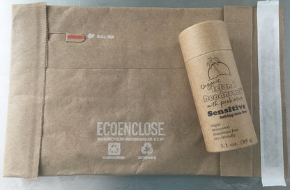 sensitive compostable deodorant packaged in biodegradable padded mailer with plastic free materials