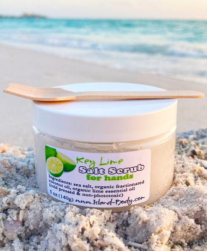 Natural Key Lime sea salt scrub in a 5 oz jar – exfoliating organic salt scrub for hands and body.