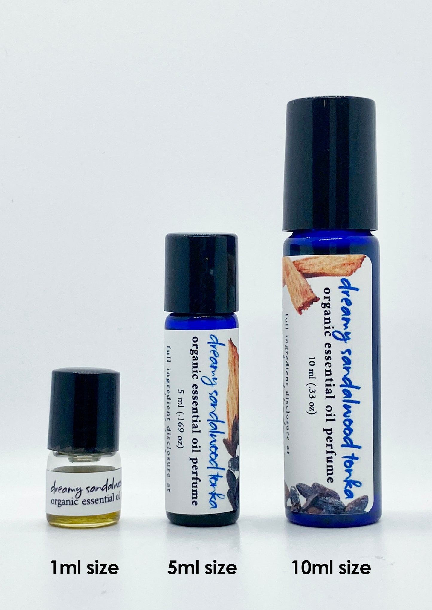 Dreamy Sandalwood Tonka essential oil perfume bottles in 1ml, 5ml, and 10ml sizes – natural oil-based roll-on perfume by Island Deodorant.