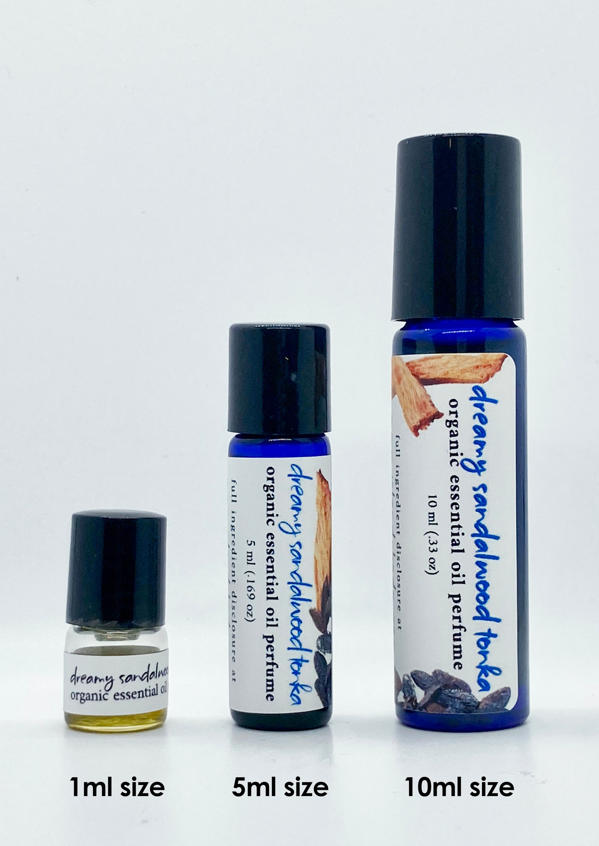 Dreamy Sandalwood Tonka essential oil perfume bottles in 1ml, 5ml, and 10ml sizes – natural oil-based roll-on perfume by Island Deodorant.