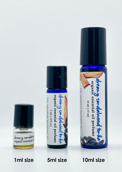 Dreamy Sandalwood Tonka essential oil perfume bottles in 1ml, 5ml, and 10ml sizes – natural oil-based roll-on perfume by Island Deodorant.