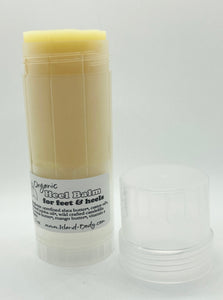 Organic Heel Balm Stick, with the cap removed