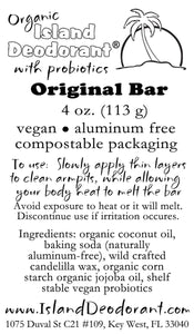 Ingredients in 4 oz Original Zero Waste Organic Deodorant Bar with Probiotics